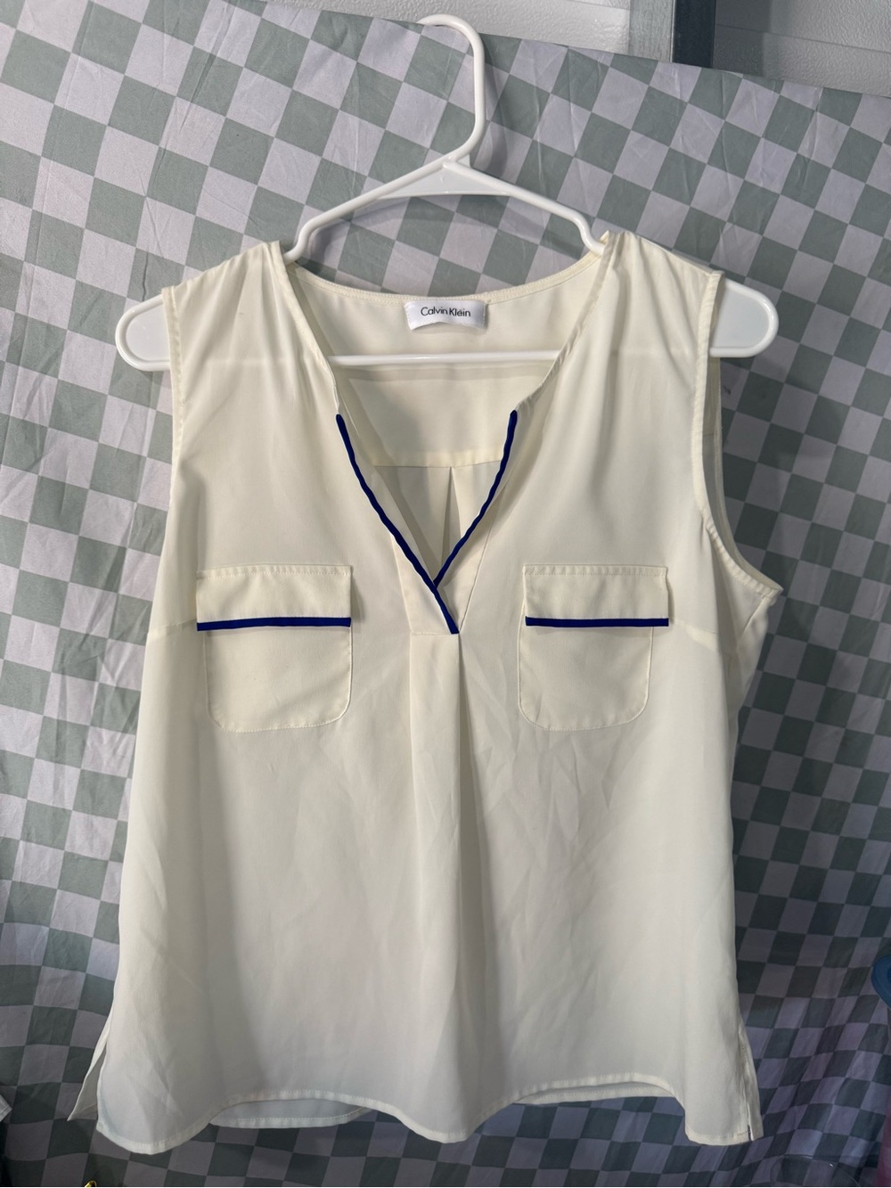 Calvin Klein Cream Sleeveless V-Neck Camisole with Navy Trim